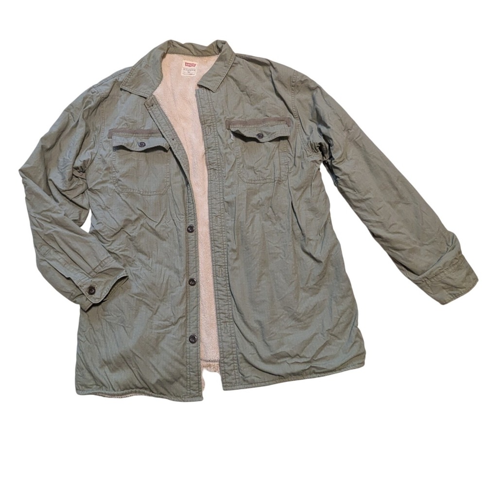 Levis Shirt Jacket Mens XL Olive‎ Green Sherpa Lined Ripstop Shacket Workwear